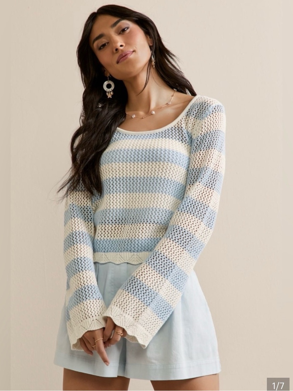 Francesca's Collections Blue & Cream Striped Open-Knit Scoop Sweater